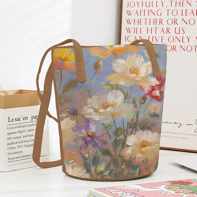 典舍原创法式复古油画花卉新中式帆布袋大容量水桶包通勤DM V302
