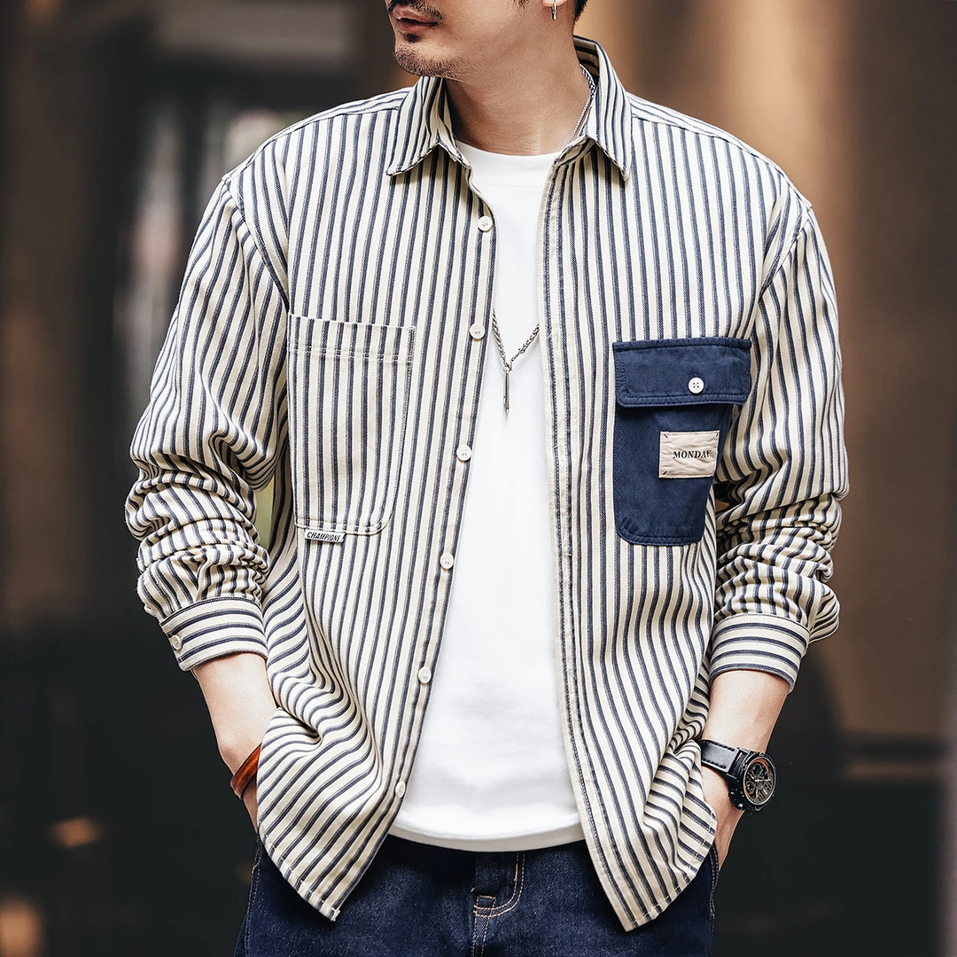 高端竖条纹衬衫男春夏季潮牌宽松贴袋设计长袖工装衬衣休闲外套