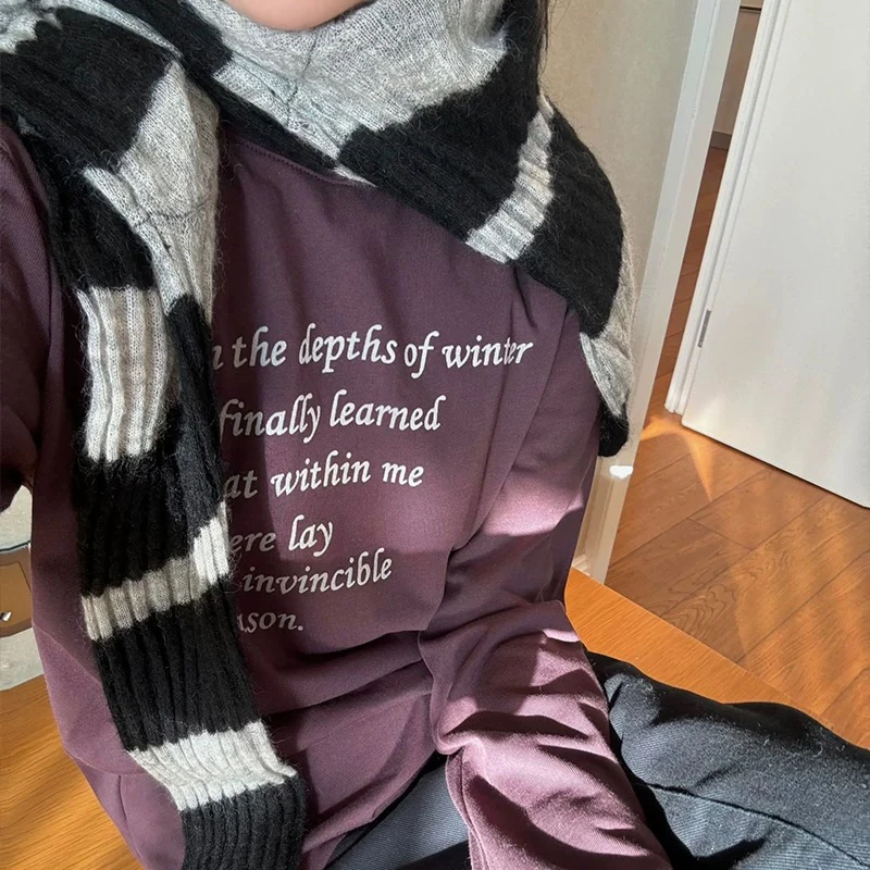 KW【乌梅紫酱】南油小众设计松弛感磨毛加绒保暖植绒字母休闲T恤