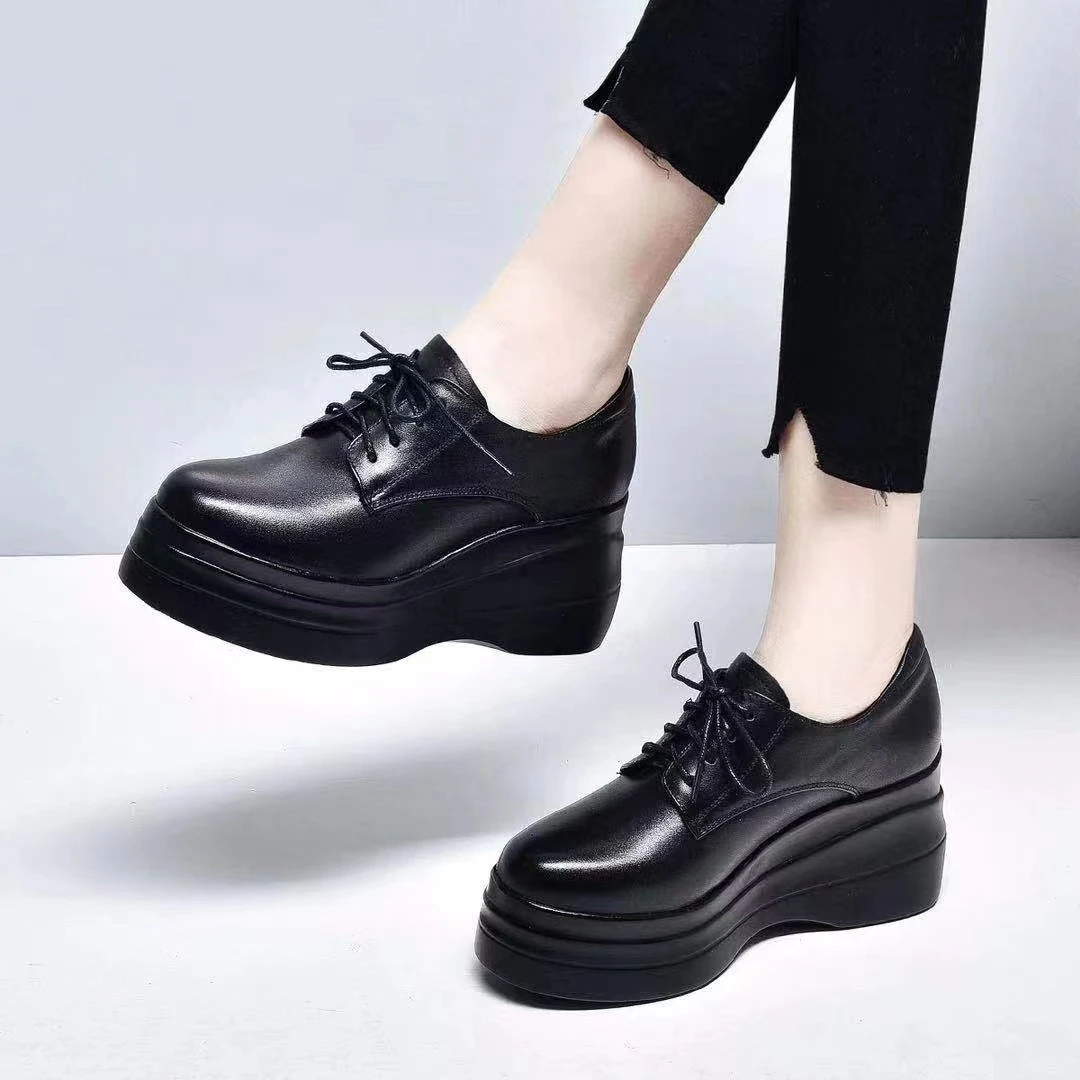 时尚乐福鞋女厚底春秋英伦风舒适百搭蝴蝶结增高单鞋松糕底小皮鞋