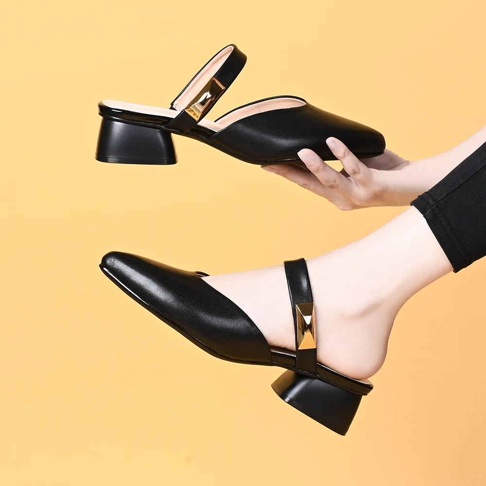 姚芳女鞋真皮包头半拖鞋粗跟舒适穆勒鞋配裙子低跟尖头TWS 24-008