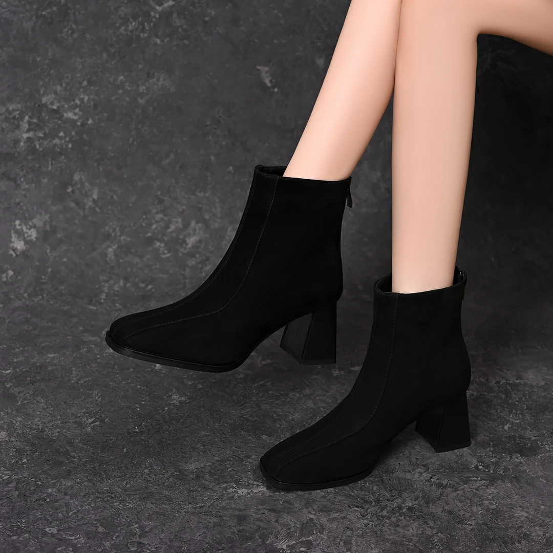 绒面粗跟高跟短靴女2025秋冬季新款瘦瘦靴加绒马丁靴高跟鞋女靴子