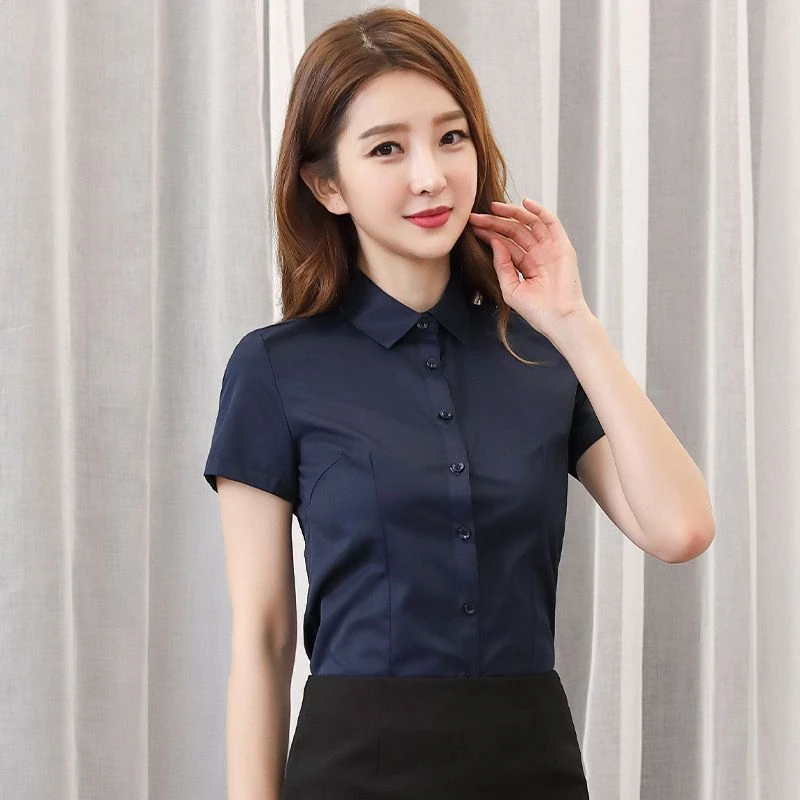 藏青色衬衫女短袖夏季藏青色通勤职业衬衣长袖工作服工装修身正装