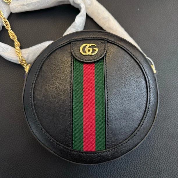 95新 GUCCI/古驰 大麦中古/gucci黑色圆饼链条斜挎包/