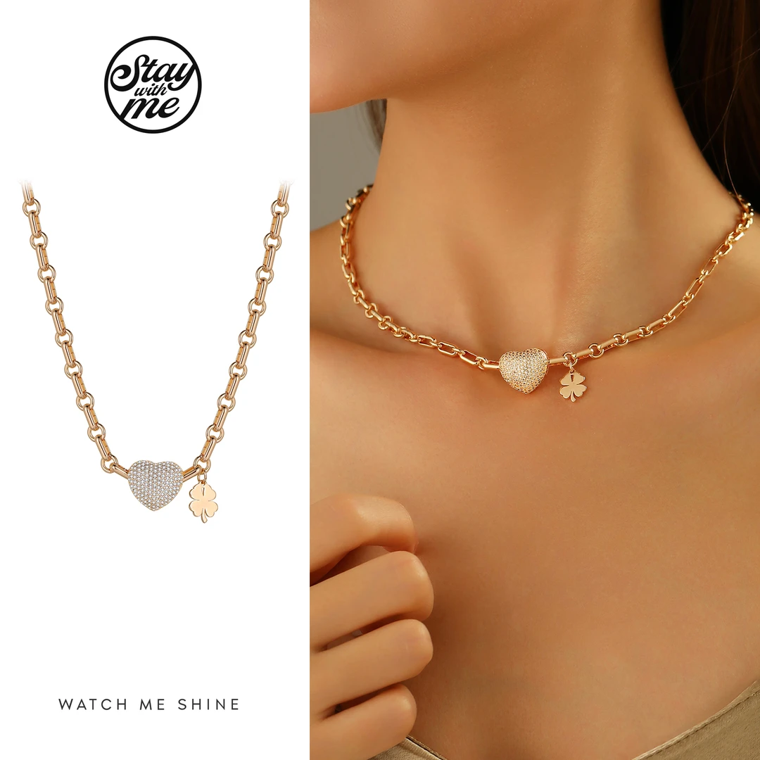 STAY WITH ME 铜合金合成锆石项链 百搭桃心简约个性项链设计感