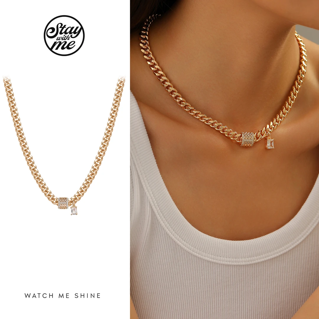 STAY WITH ME 铜合金合成锆石项链 轻奢时尚百搭粗链个性项链饰品