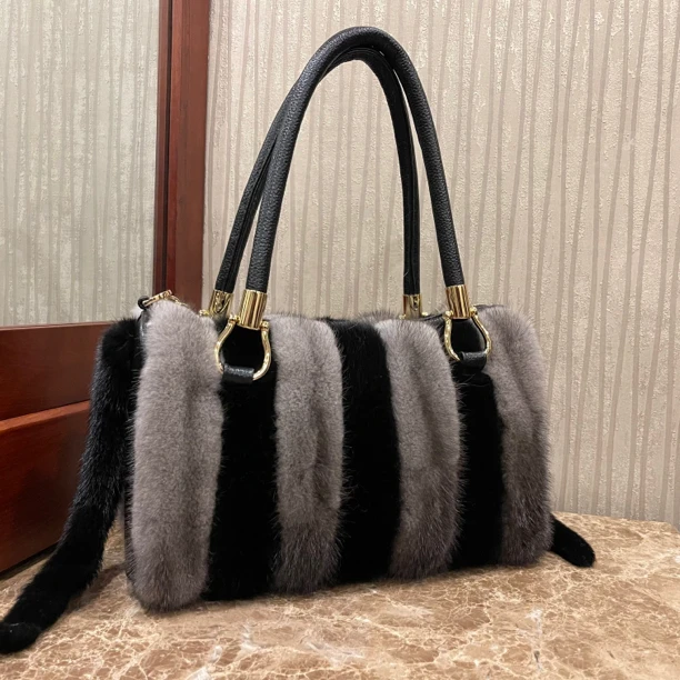 拼接款水貂毛头层牛皮时尚手提斜挎女包