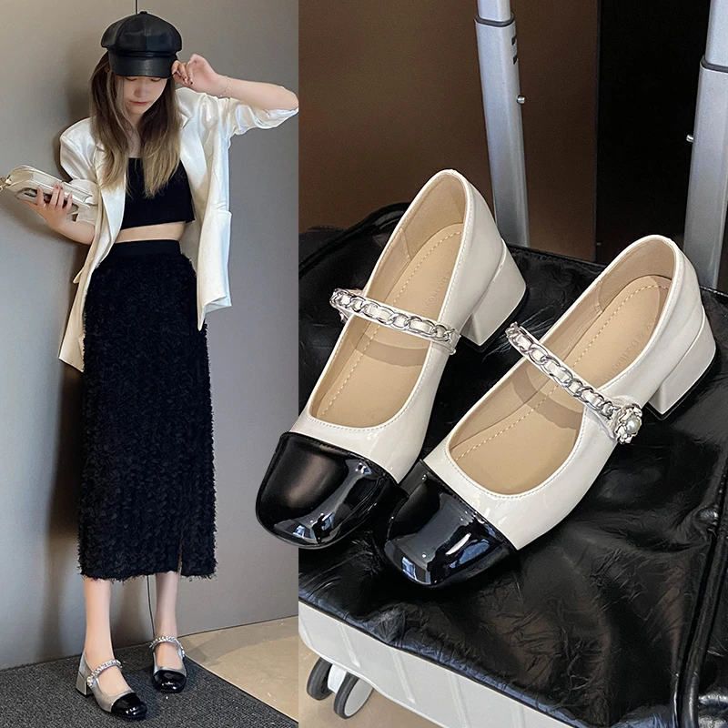小香风玛丽珍鞋子女2025年新款早春珍珠单鞋复古粗跟中跟小皮鞋秋