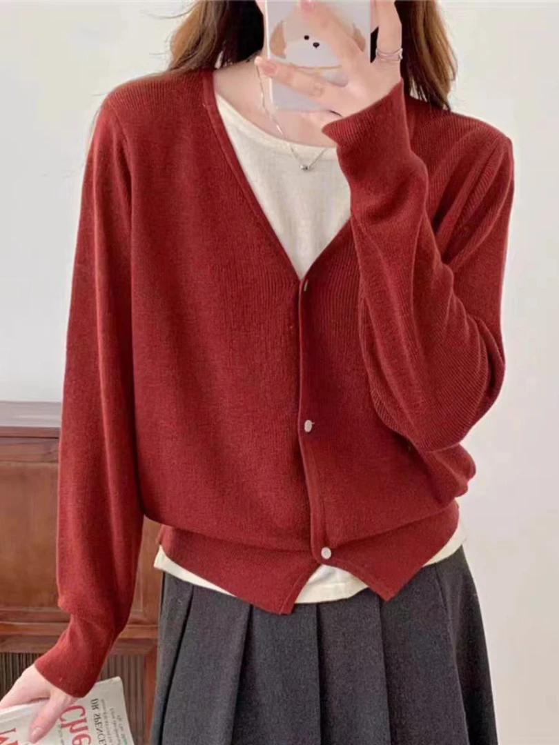 【假两件带扣红色】女士夏季薄款长袖假两件针织开衫时尚显瘦别致