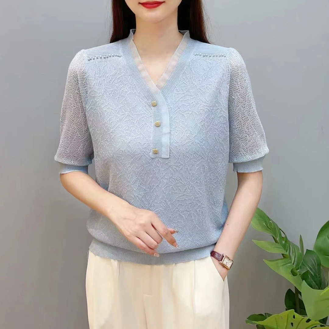 【优雅钉珠短袖】夏季蕾丝短袖显瘦时尚精致提花V领针织衫.