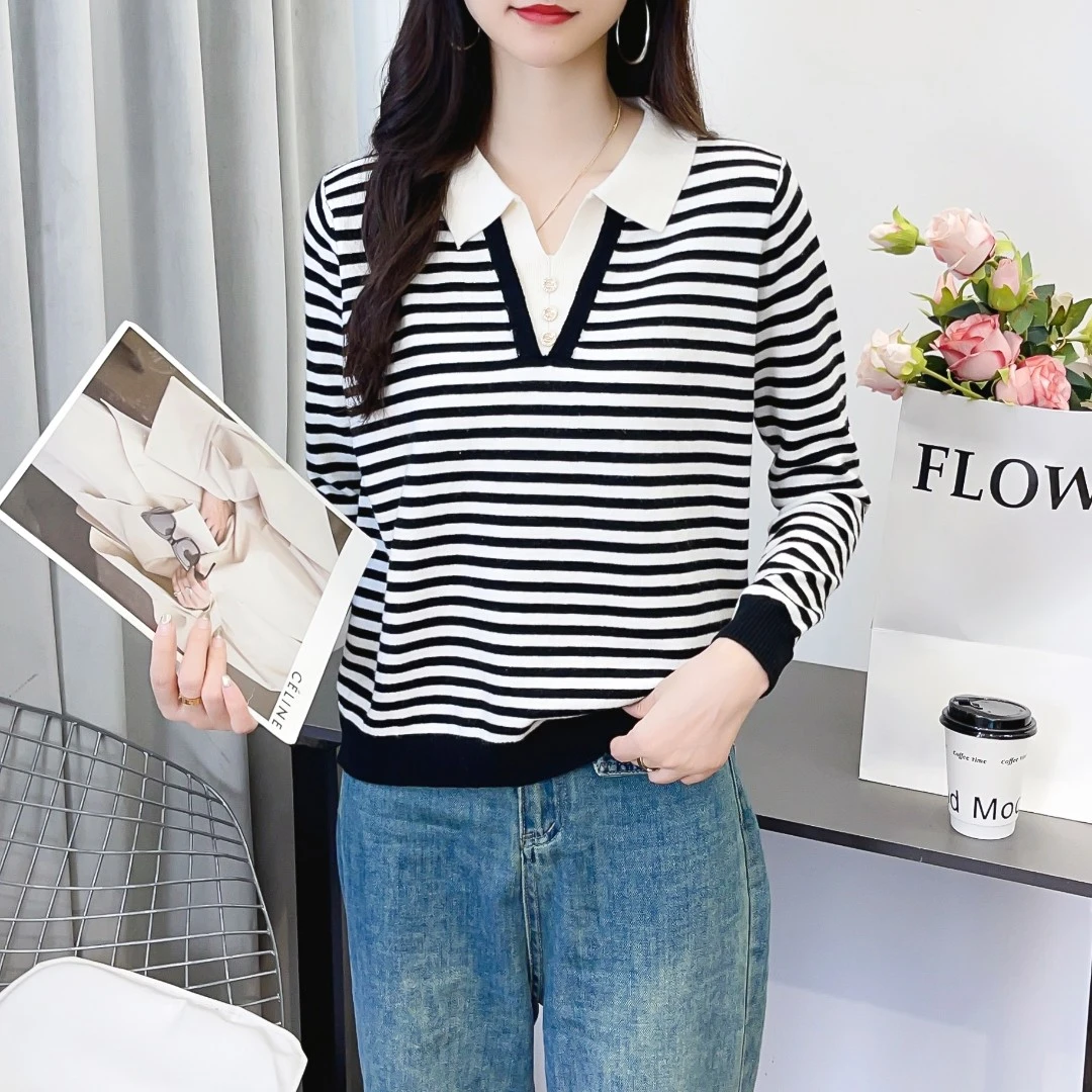 【高货方领】女士针织衫新款秋冬上衣洋气外穿条纹打底衫