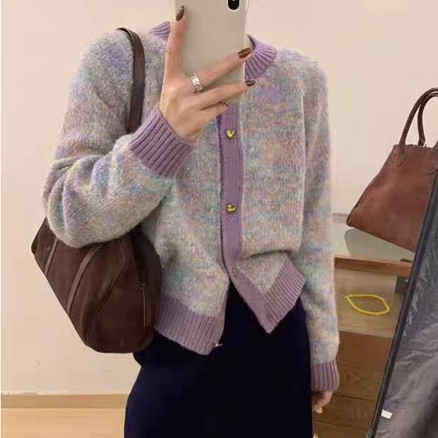 【幻彩】韩系撞色圆领小香风开衫毛衣秋冬外搭加厚保暖针织上衣