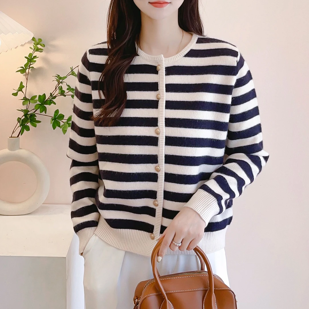 【条纹开衫】2024秋冬新款撞色条纹开衫外套女短款小香风毛衣开衫