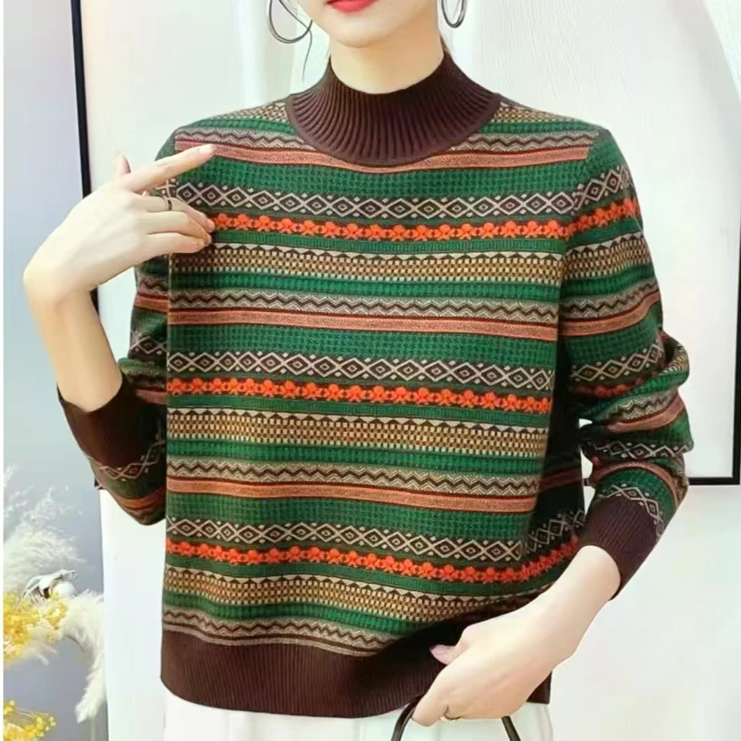 【民族风-奶绿】女士秋冬新款显瘦毛衣女上衣洋气打底衫