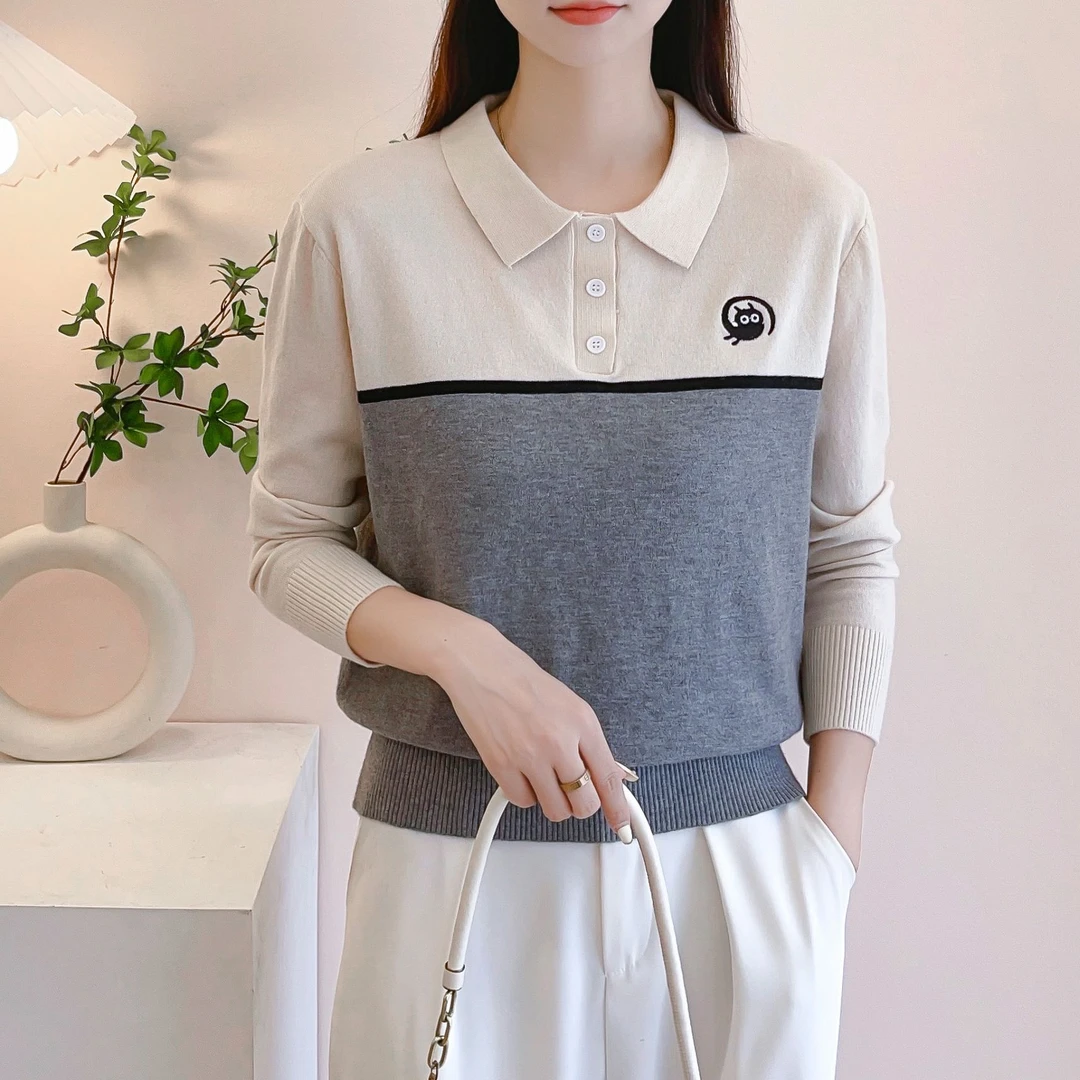 【猫-灰】女士方领针织衫长袖上衣女内搭外穿洋气打底衫