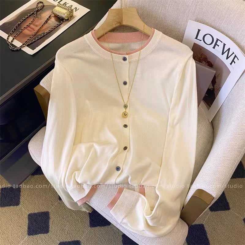 【假两件】甜美气质拼色假两件长袖针织衫女2024新款修身开衫上衣