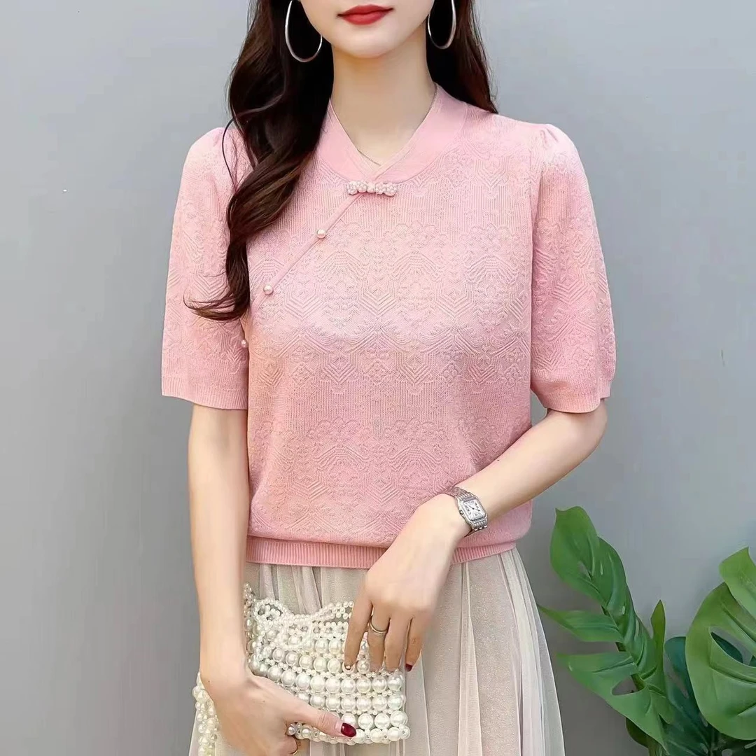 【镇店之宝  新中式】温柔粉冰丝短袖上衣针织T恤女气质时尚休闲