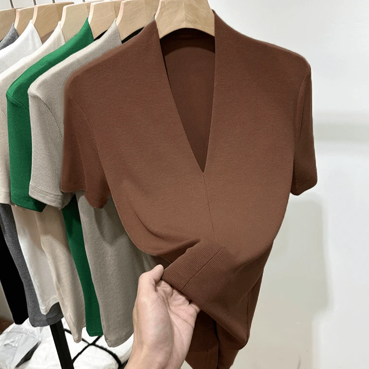 夏季新款修身显瘦气质洋气内搭弹力性感上衣螺纹时尚V领短袖T恤女