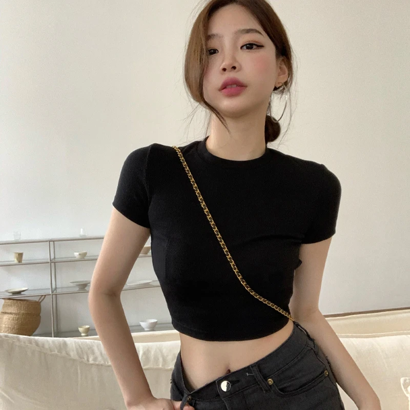 欧美紧身短袖T恤女设计感圆领显瘦打底衫体恤高腰露脐短款上衣女t