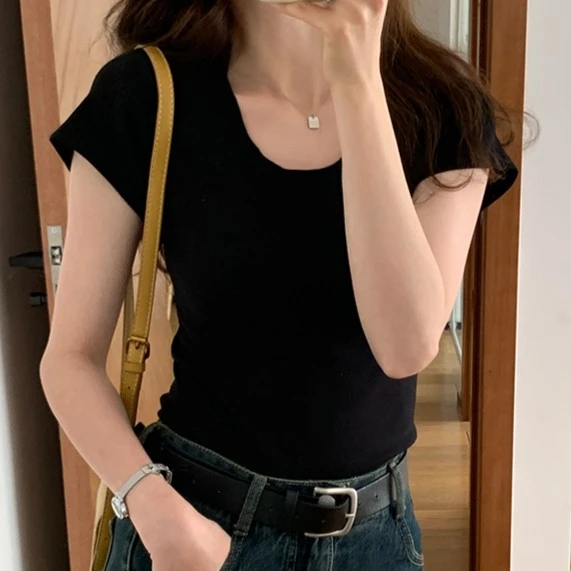 圆领t恤女正肩短袖欧货新款白色夏百搭修身显瘦叠穿外穿打底上衣