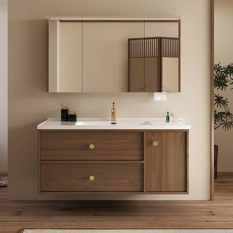 新款中古风浴室柜组合卫生间胡桃木洗漱台实木奶油风洗手脸盆镜柜