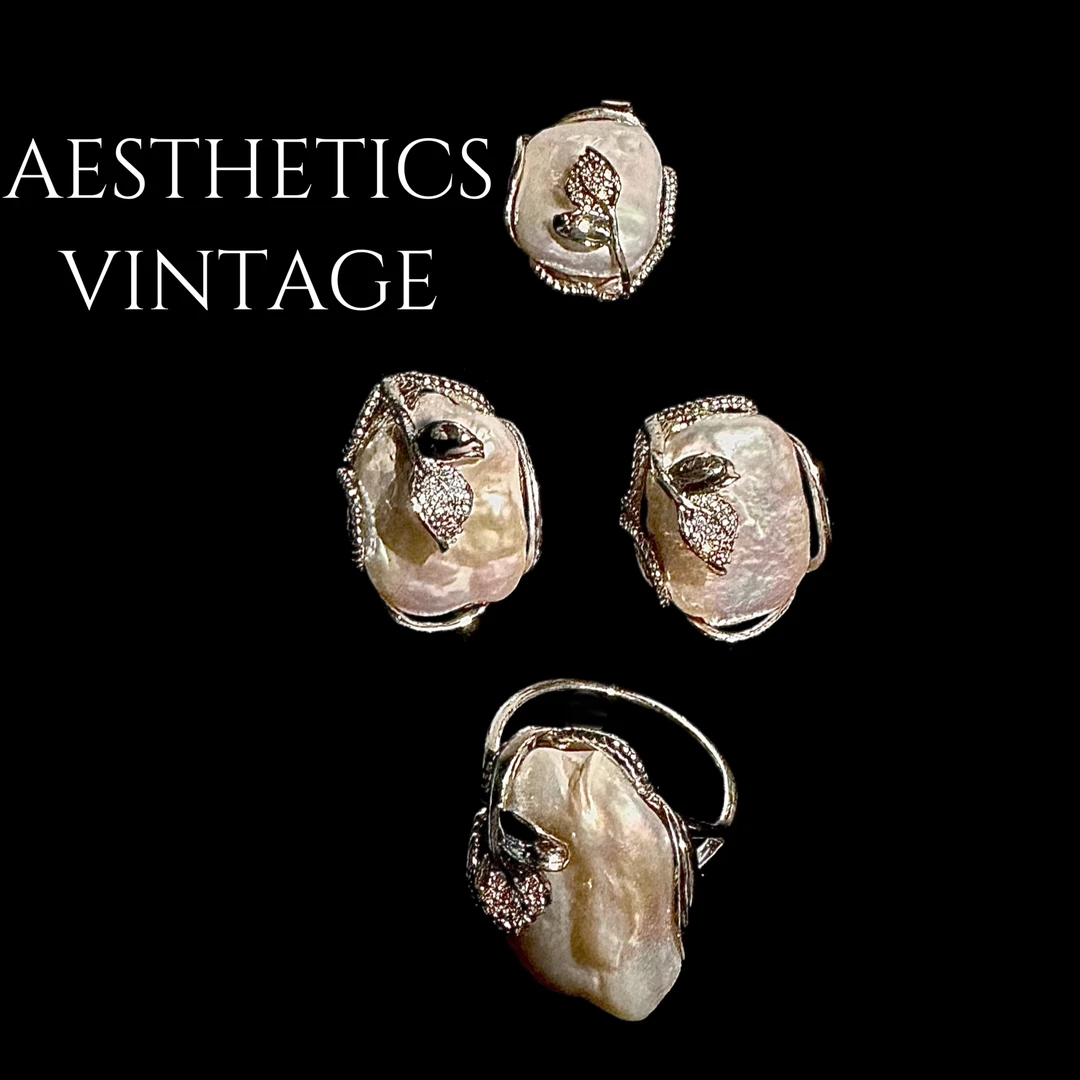 铜合金仿珍珠耳饰 巴洛克吊坠耳钉戒指三件套