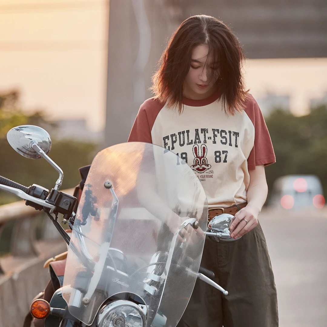 MSH68107美式复古盐系男友穿搭阿美咔叽出游情侣短袖时尚印花T恤