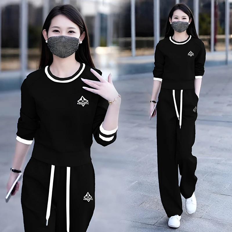 高含棉时尚休闲套装女2025年春秋季新款韩版宽松卫衣阔腿裤两件套