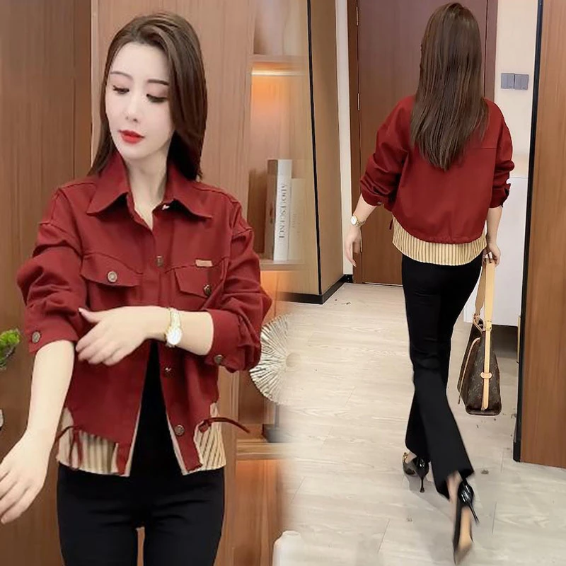 纯棉小个子时尚假两件短外套女2024秋季新款洋气宽松百搭夹克上衣