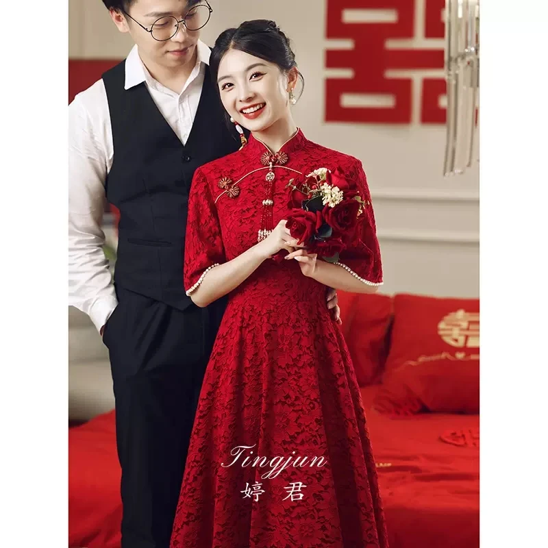 新中式旗袍敬酒服2023新款新娘酒红色平时可穿流苏订婚礼服红裙子