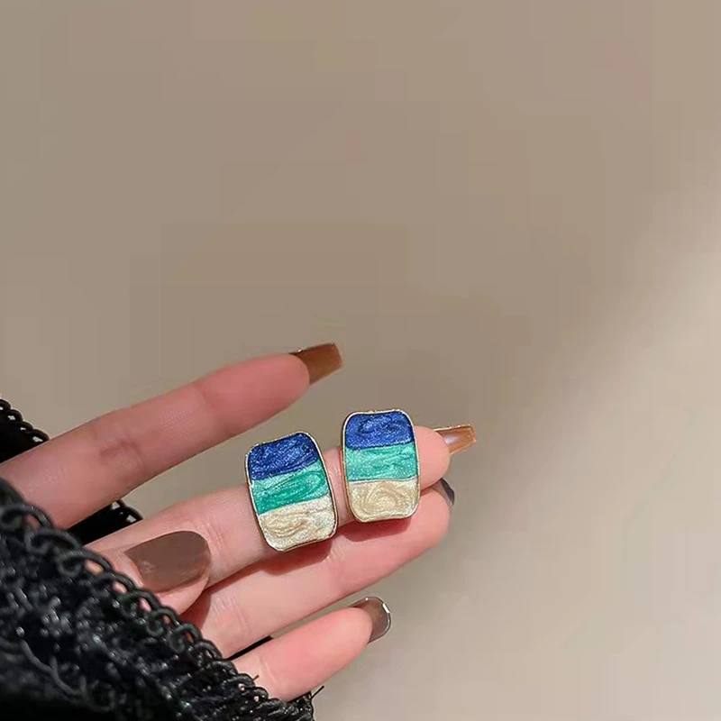 合金耳饰 彩色滴釉几何形耳环女复古撞色耳钉时尚莫兰迪法式耳饰