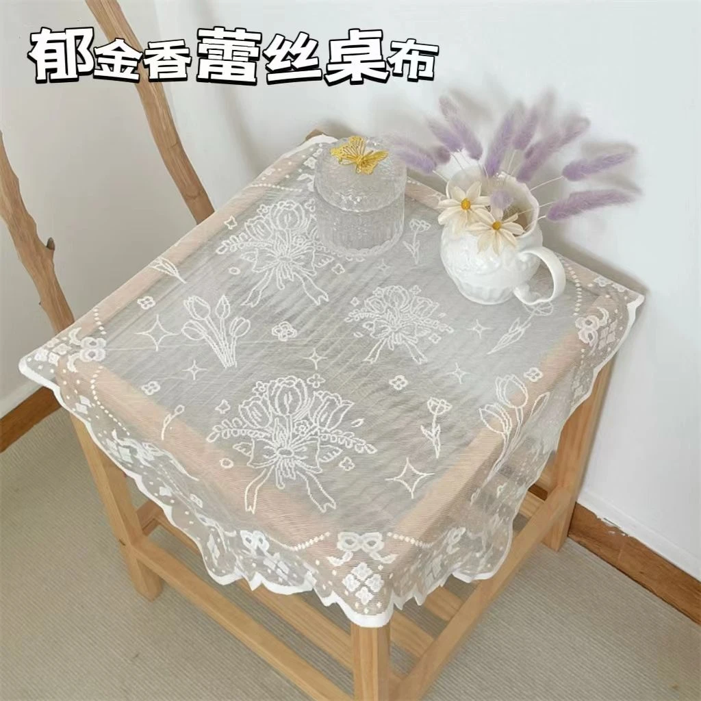郁金香蕾丝桌布花束花边桌布茶几床头柜盖布立体蝴蝶结蕾丝桌布