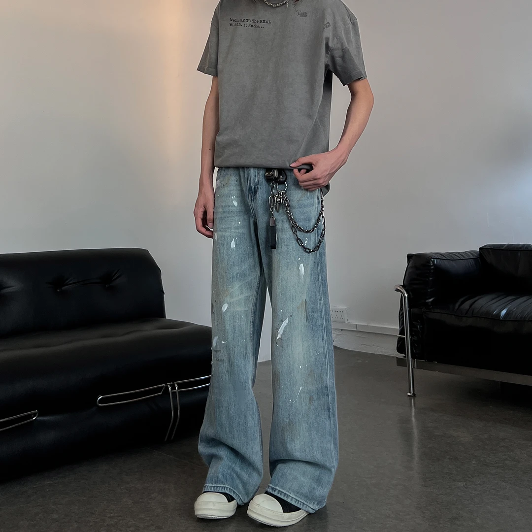 小柯XCOK 美式休闲街头潮流泼墨设计感宽松显高微喇牛仔裤G6332