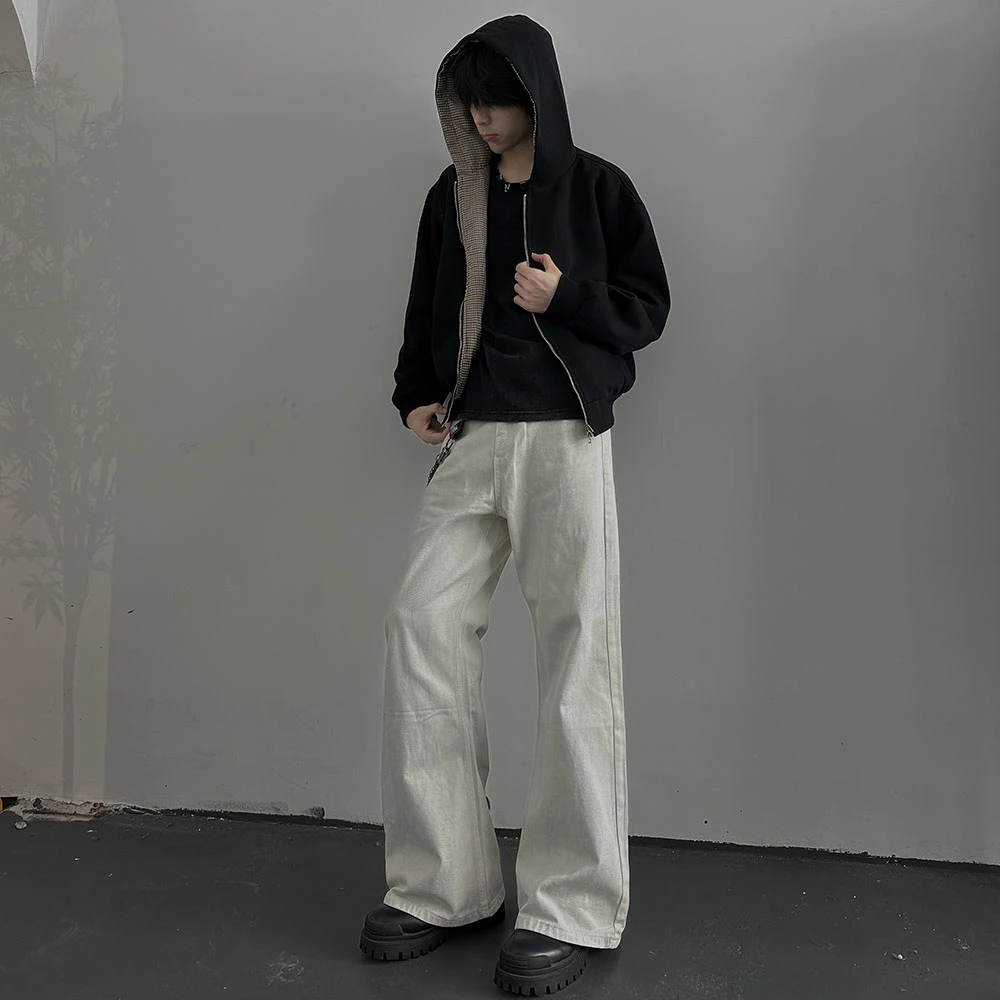 小柯XCOK高级感”手工擦脏“复古米白色牛仔裤宽松ins直筒微喇裤男