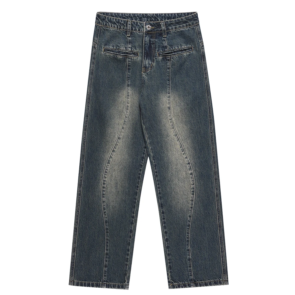 小柯同款 秋季美式潮流设计感横插袋水洗复古牛仔裤D1277