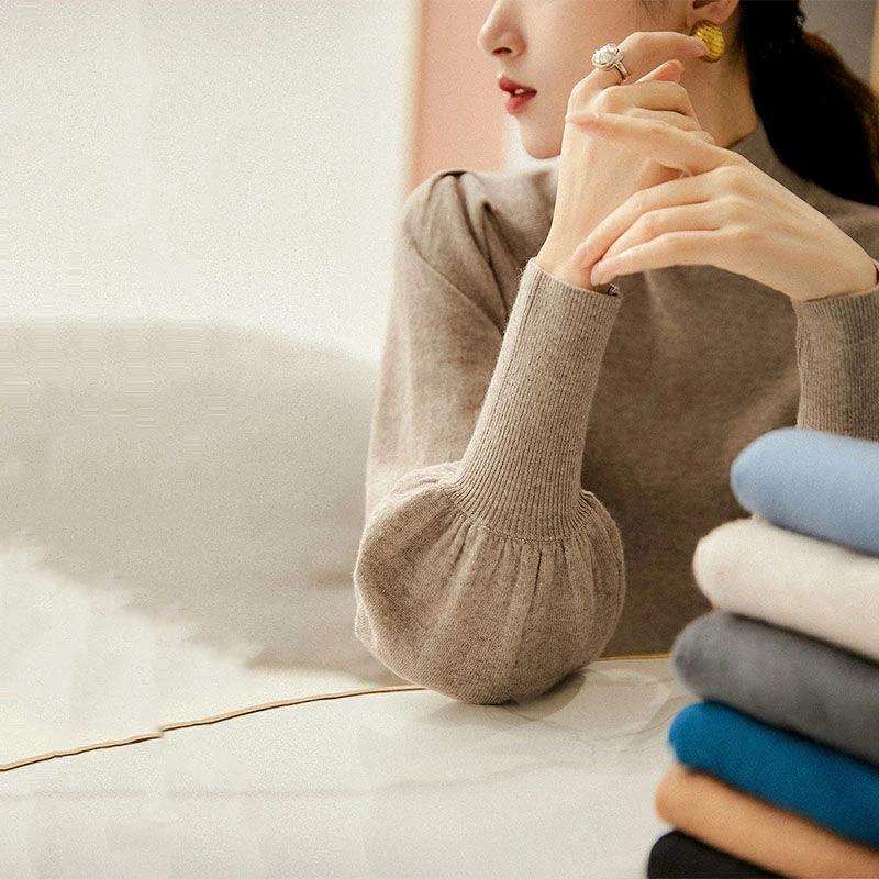 半高领显瘦针织打底衫2022秋冬季软糯灯笼袖上衣纯色长袖针织衫