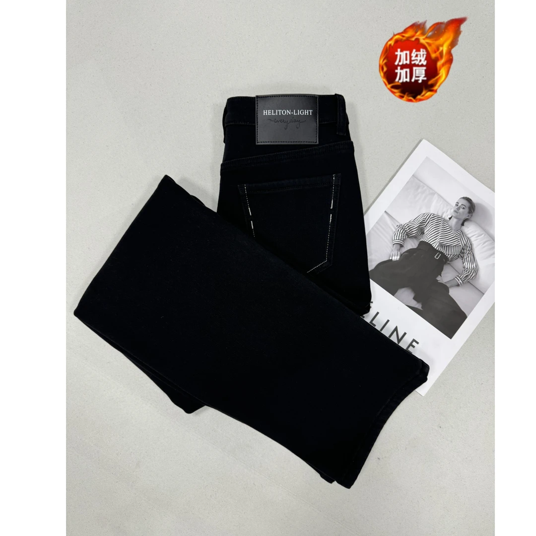 秋冬新款高腰窄版显瘦弹力加绒阔腿休闲百搭黑牛时尚直筒牛仔裤女