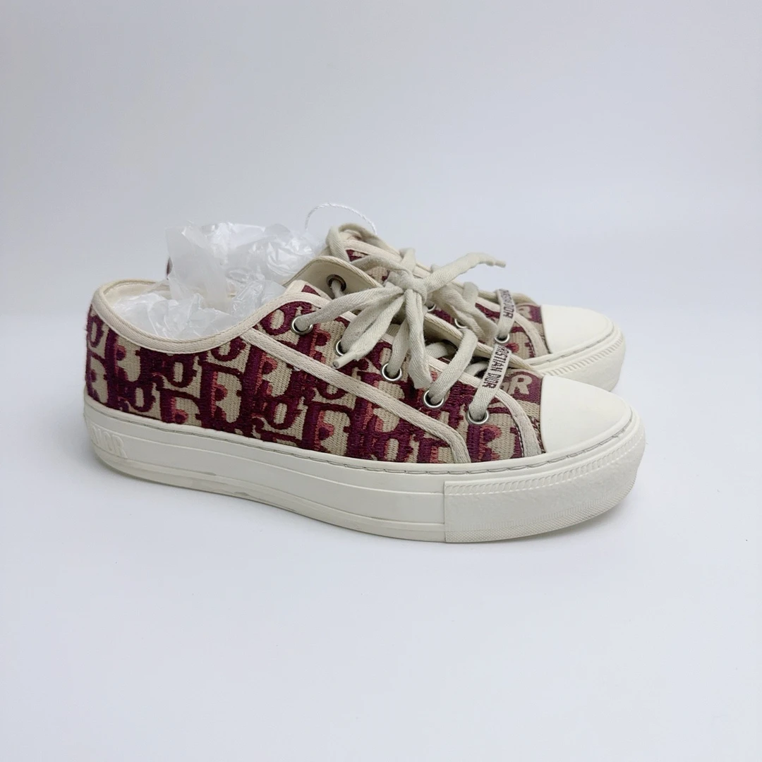 36.5码/97新/Dior/迪奥 酒红色刺绣满印板鞋/ys00184