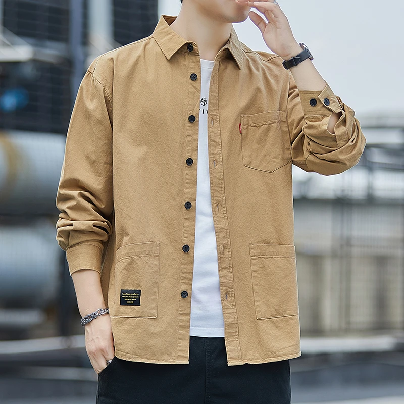 纯棉长袖衬衫男士宽松休闲纯色春秋季新款帅气多口袋时尚衬衣薄款