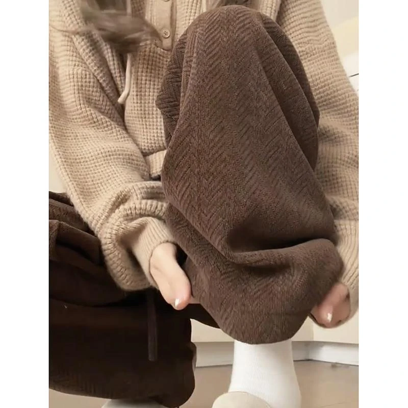 雪尼尔阔腿裤女秋冬季2023新款高腰休闲直筒咖色人字纹加绒针织裤