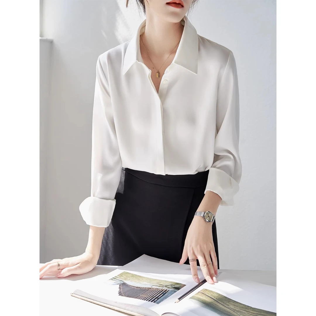 缎面衬衫女高级感白色内搭叠穿设计感垂顺抗皱宽松OL翻领小众上衣