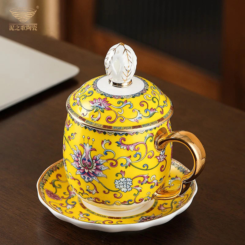 景德镇陶瓷杯子带碟带盖水杯高档喝茶杯家用骨瓷杯待客高档珐琅彩