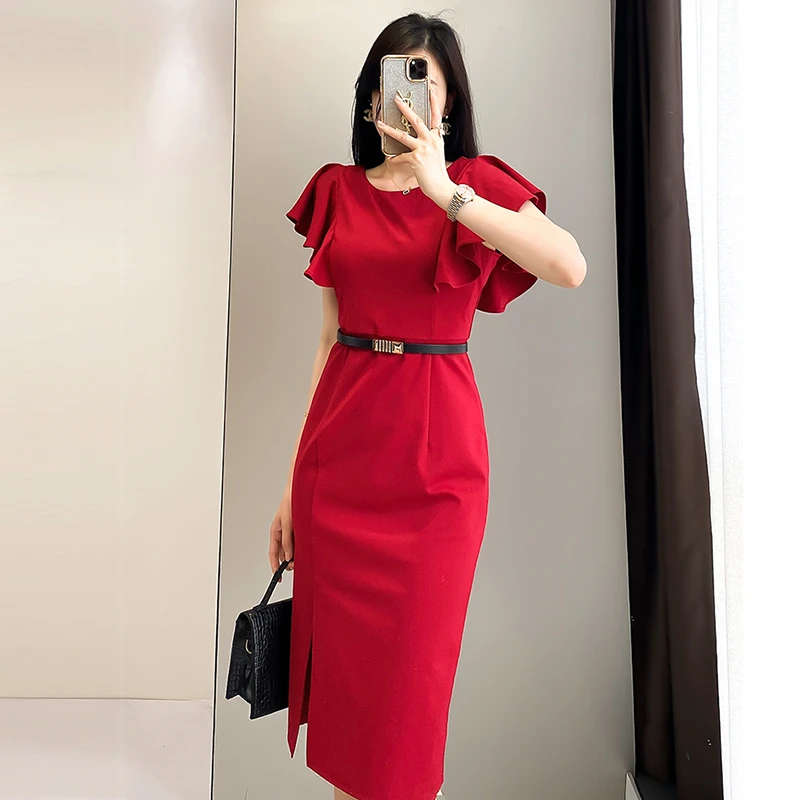 时尚气质显瘦包臀裙子2025新款法式名媛荷叶袖通勤修身连衣裙女夏