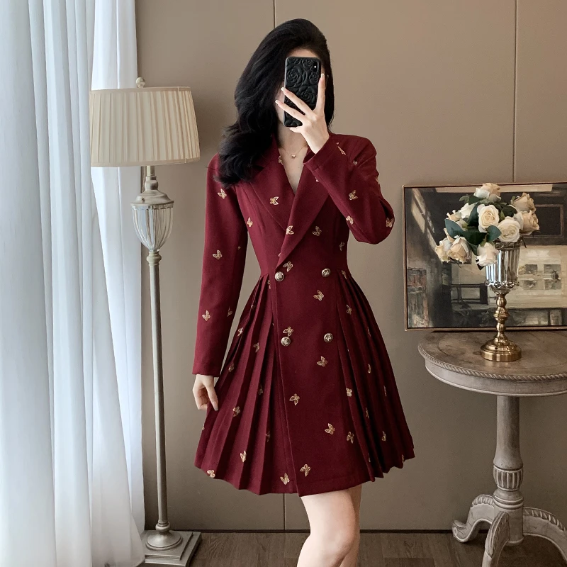 小个子轻熟风西装连衣裙2025春季法式气质收腰复古名媛A字百褶裙