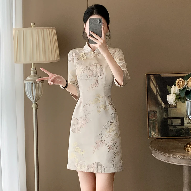 复古风少女短裙子春季新款时尚旗袍小个子新中式气质收腰古法旗袍