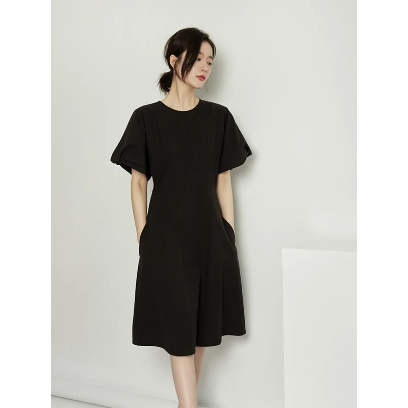 NAVST黑色连衣裙女2023夏季新款圆领宽松收腰