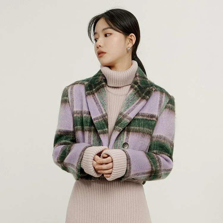 C2011100WT2 时尚百搭纯色西装外套羊绒毛呢宽松秋冬格纹女士秋季