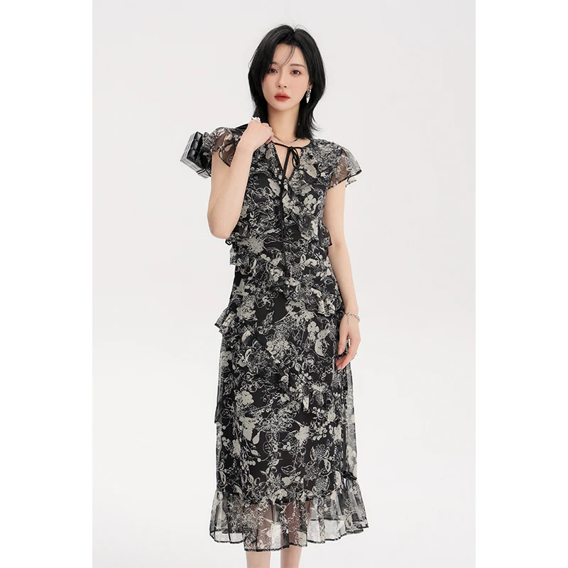 NAVST直播法式复古碎花连衣裙显瘦拼接优雅长裙时尚Q2207068LY2YB