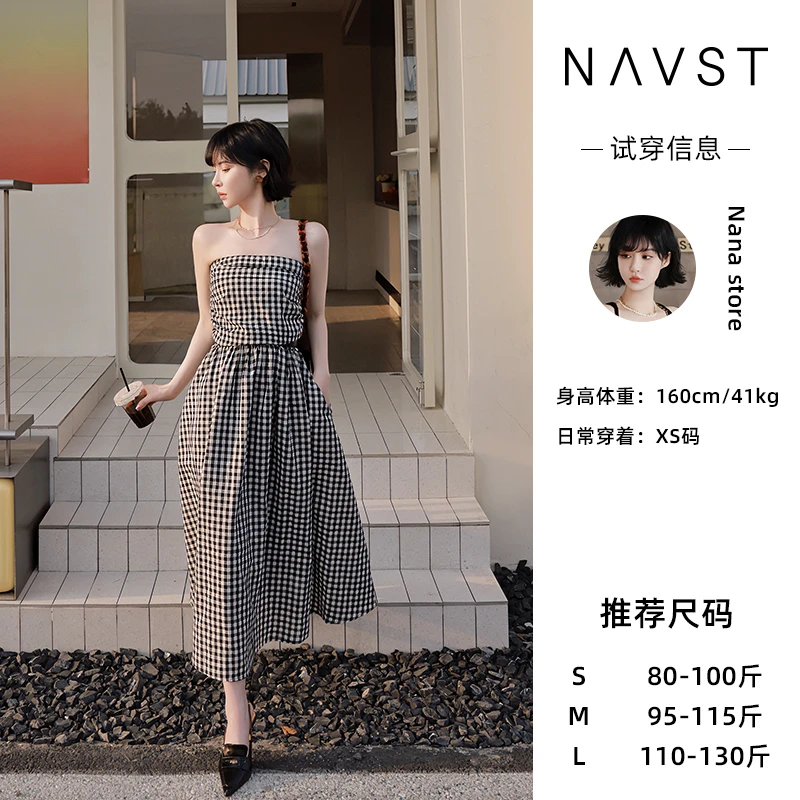 nana格子连衣裙度假风抹胸黑白春夏超显瘦连衣裙NX230432GL2SS