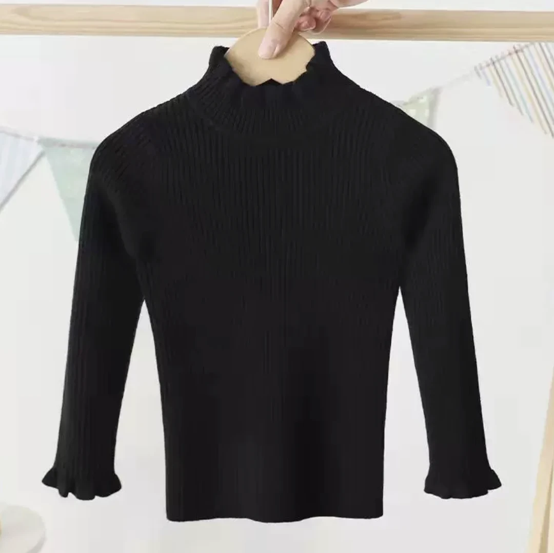 【内搭】女童宝宝木耳边打底针织衫黑色冬季新款韩版百搭坑条毛衣